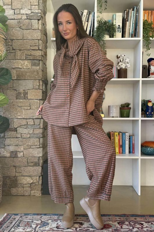 Donald Plaid Brushed Cotton Neckerchief Blouse Rust